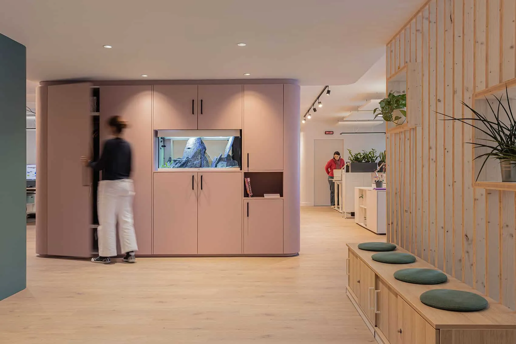 Volume de rangement arrondi rose poudré avec aquarium intégré, cloison claire-voie en pin et espaces de travail ouverts – bureaux Cap'Com à Lyon par Picture Design