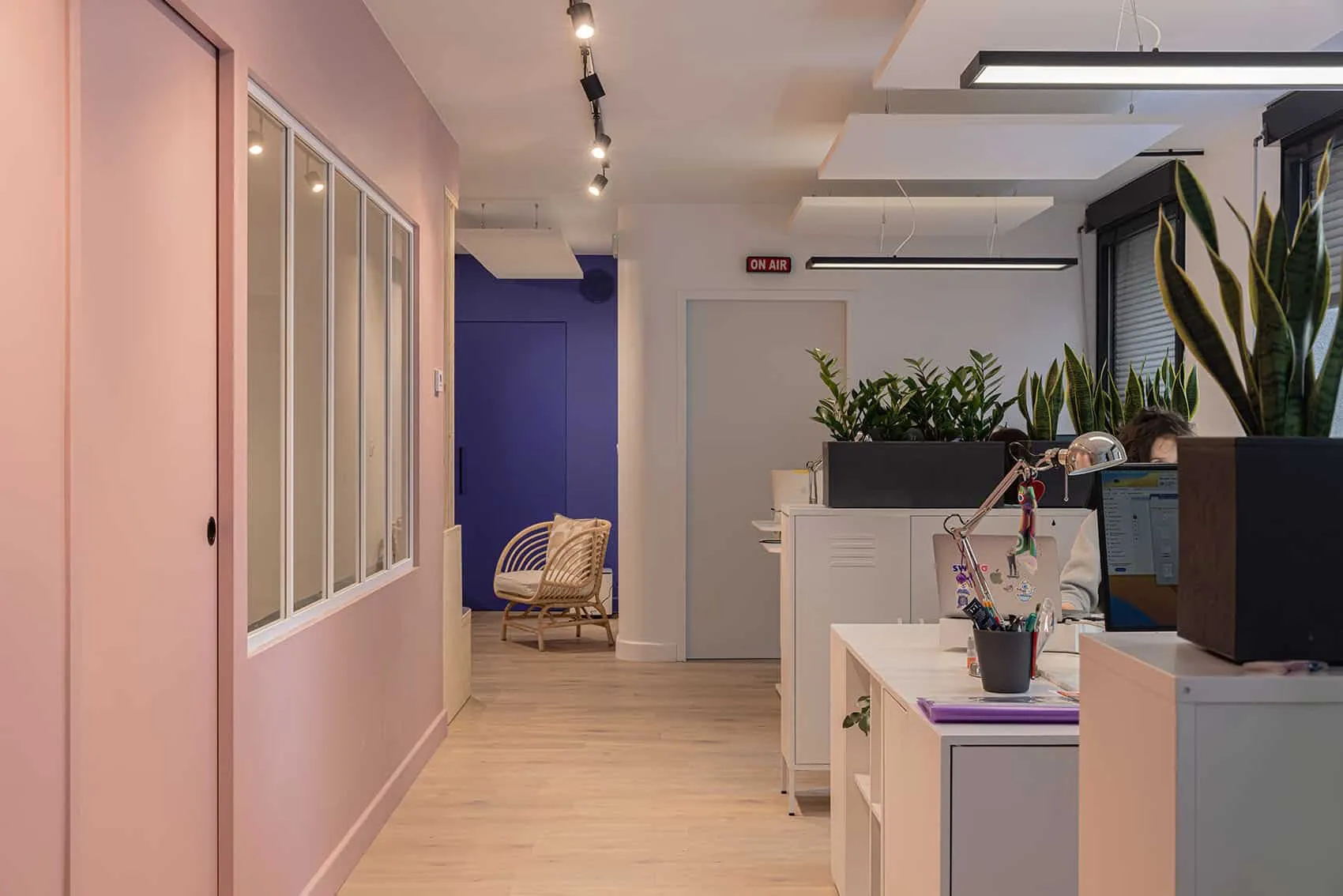 Couloir de bureaux avec verrière sur cloison rose, plantes et coin détente bleu Klein