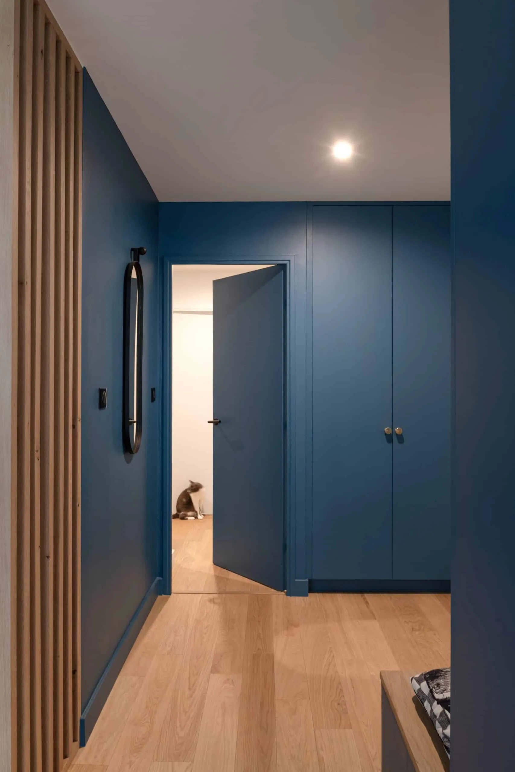 Placards bleus intégrés et porte assortie dans l’entrée, mobilier dessiné par notre architecte d’intérieur