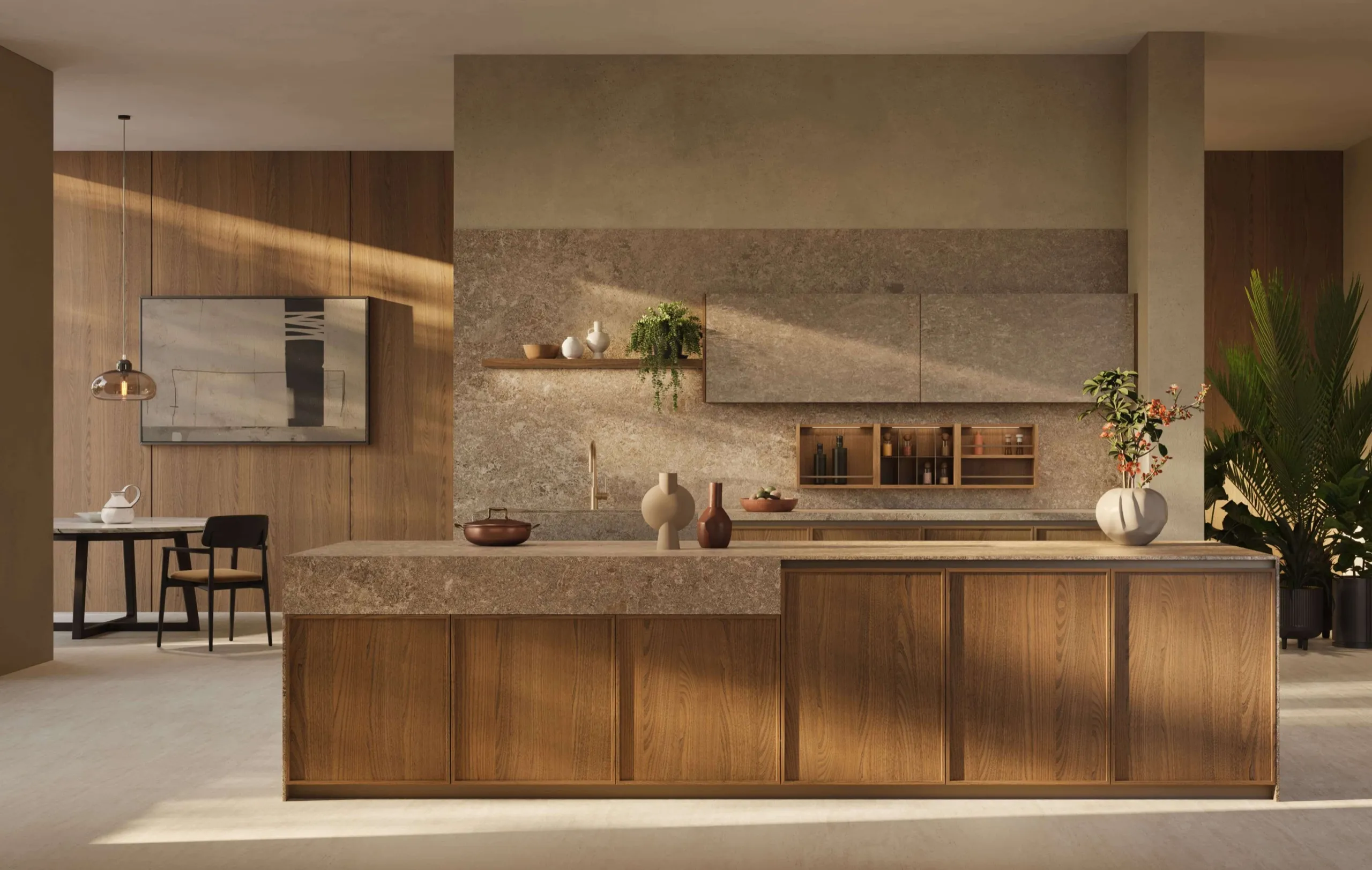 Cuisine haut de gamme sur mesure avec îlot en noyer et plan en pierre, modèle Frame 1.5 de Zecchinon, proposée par Picture Design à Lyon