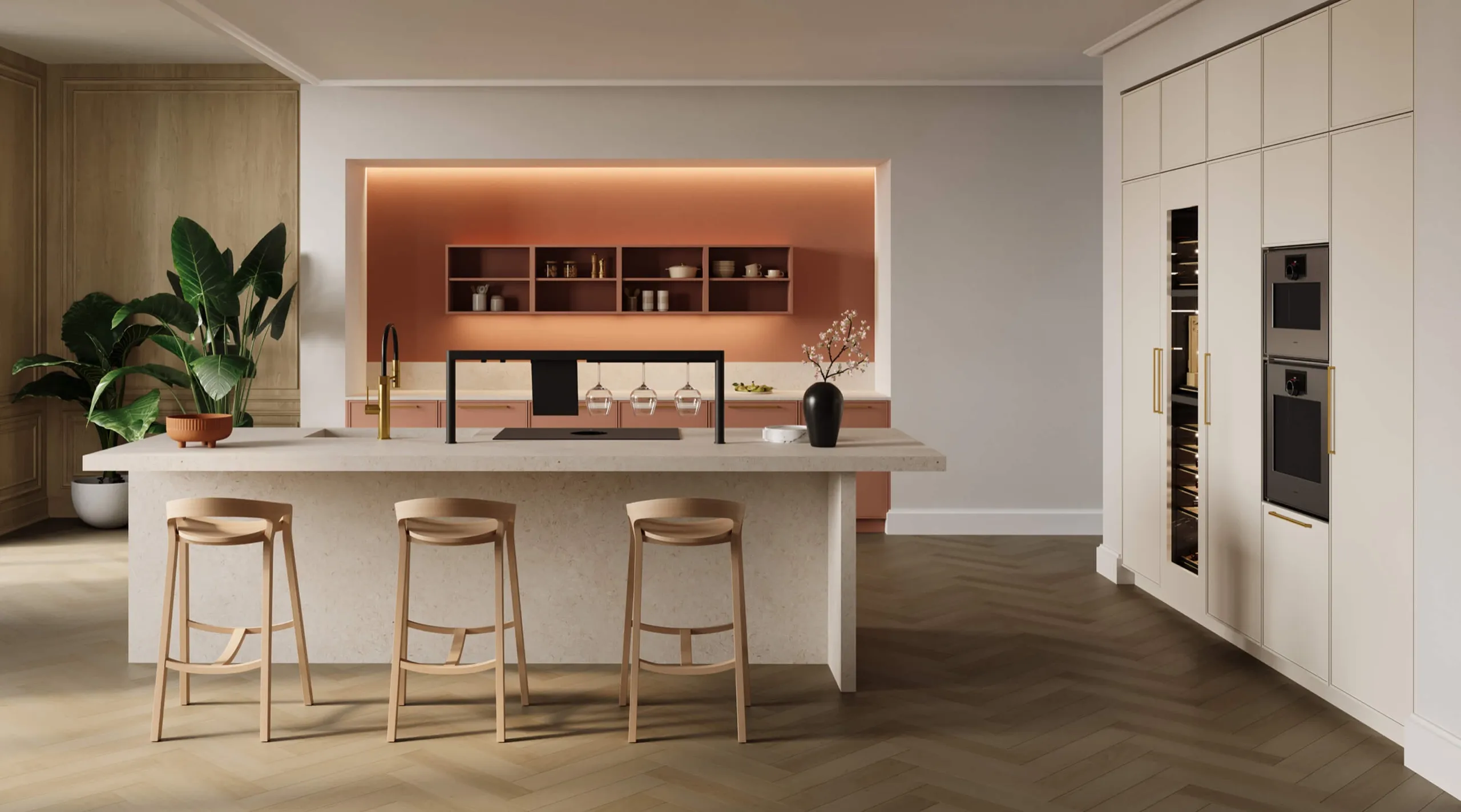 Cuisine Zecchinon Frame 1.5 Timeless Moods avec îlot, tabourets et niche couleur terre cuite
