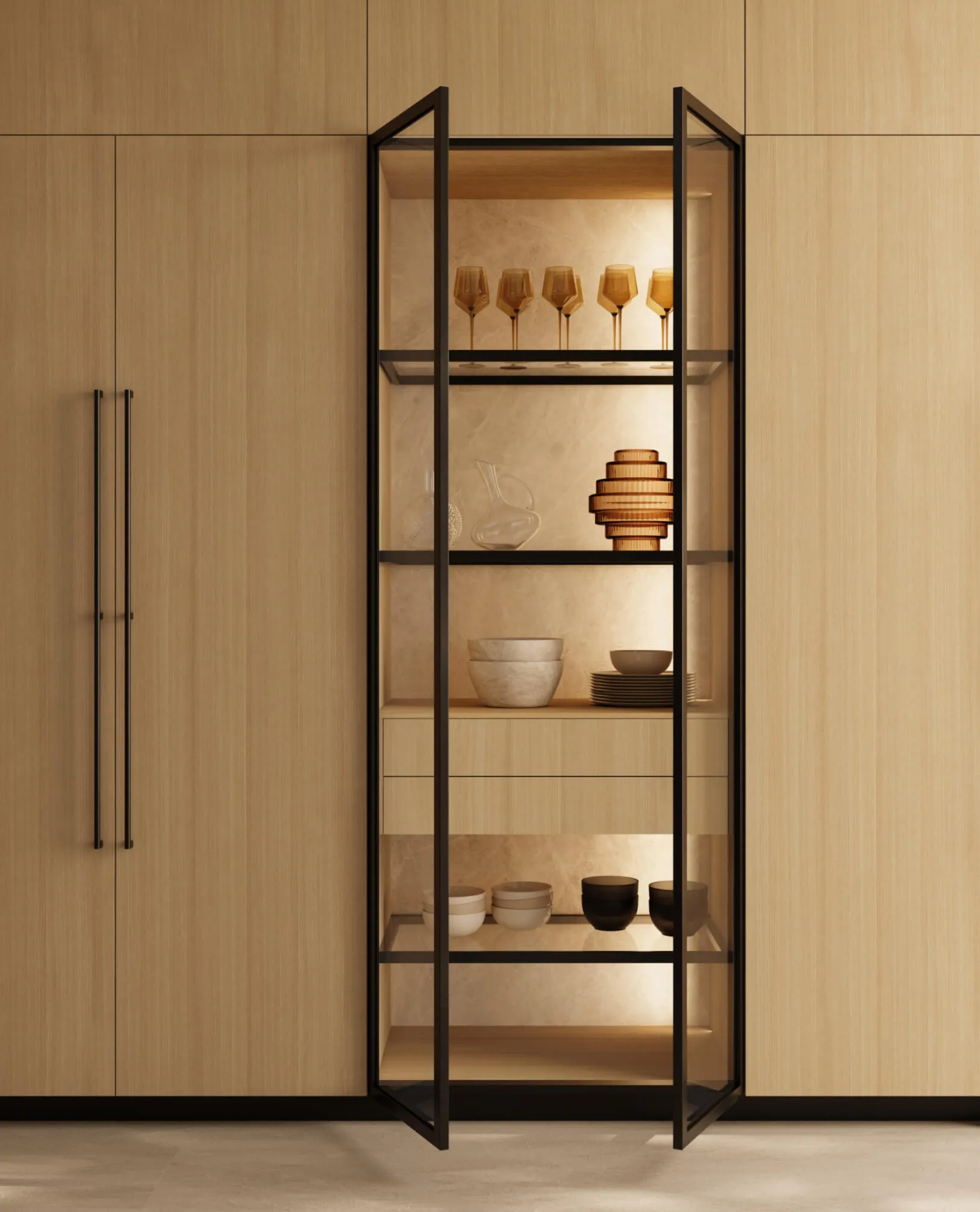 Vitrine à cadre noir et étagères éclairées, cuisine Zecchinon T70