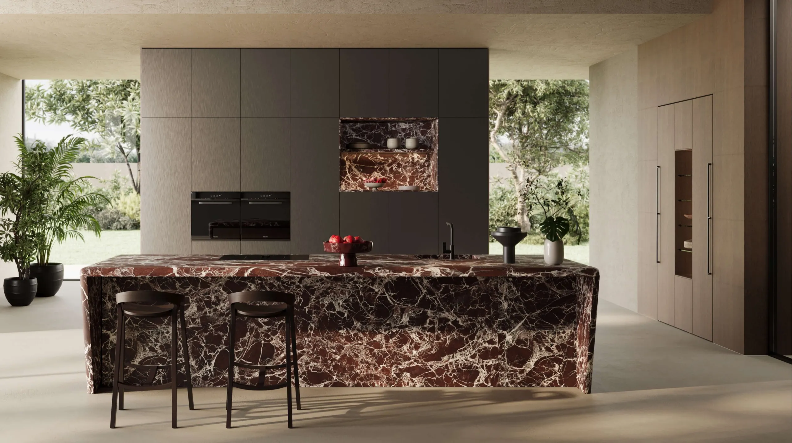 Cuisine Zecchinon T80 avec îlot en marbre Rosso Lepanto et façades en bois