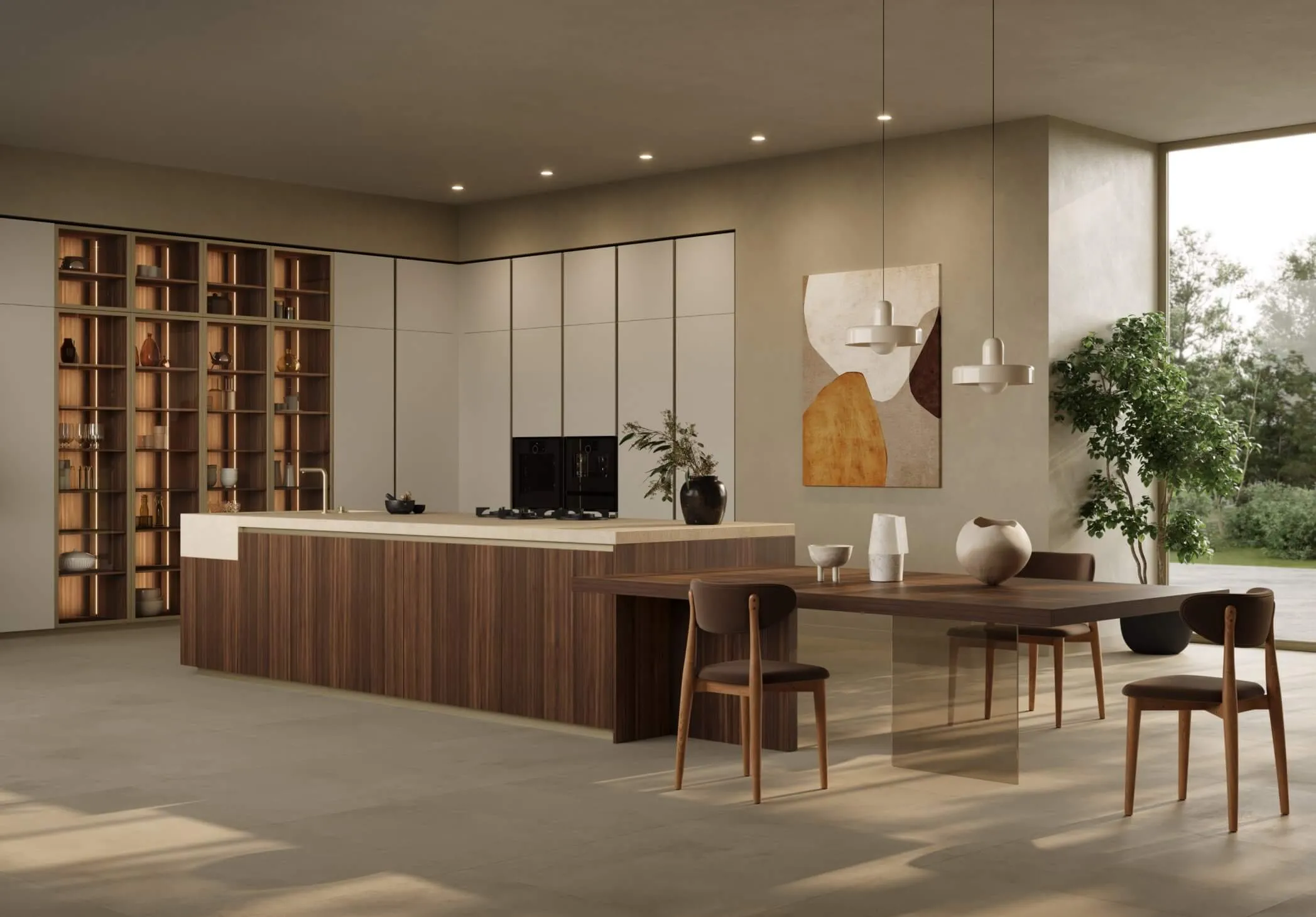 Cuisine italienne Zecchinon T80 avec îlot en noyer et bibliothèque éclairée, revendue et installée par Picture Design à Lyon