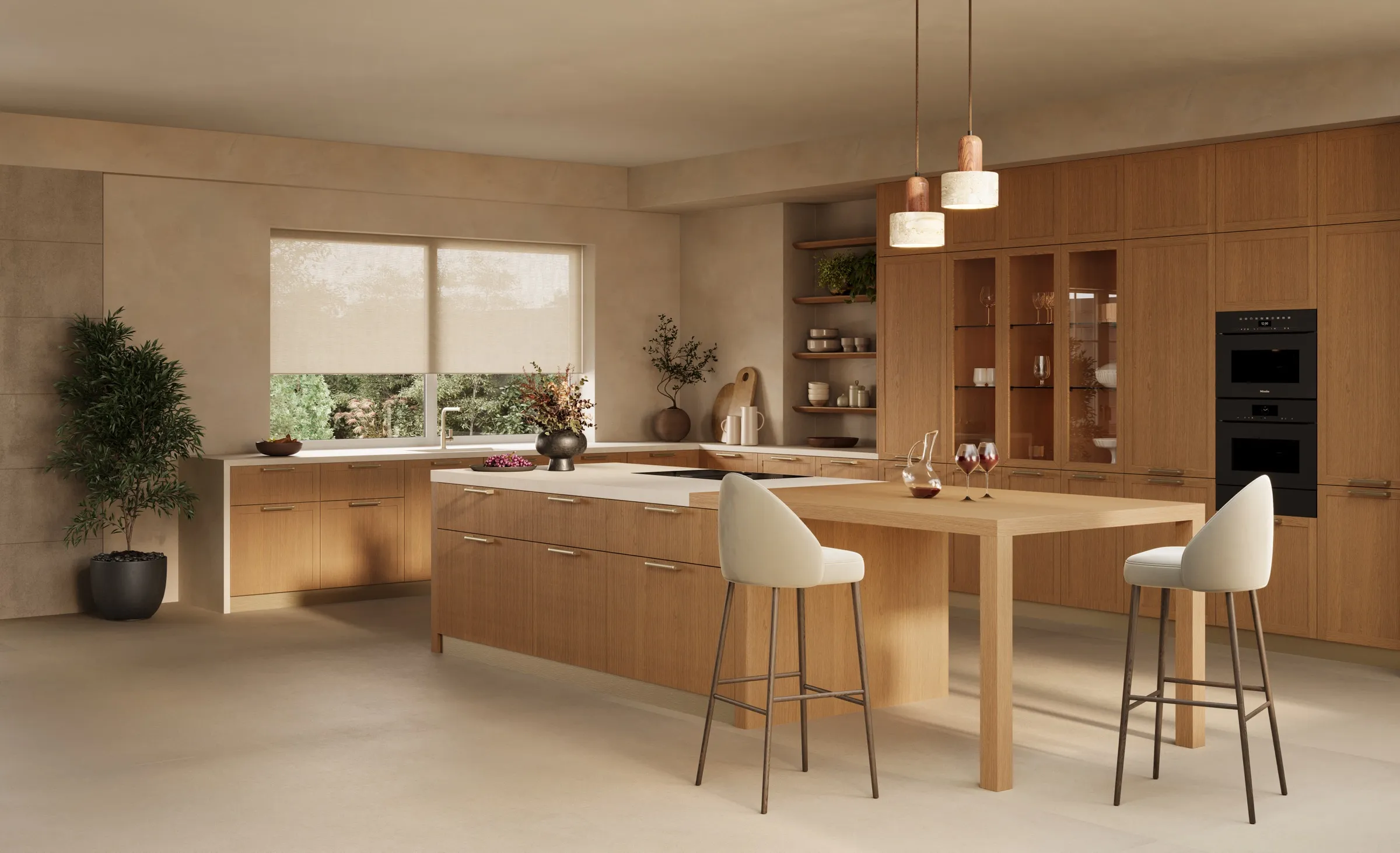 Cuisine italienne Zecchinon Frame 5.0 en bois clair avec îlot prolongé par une table