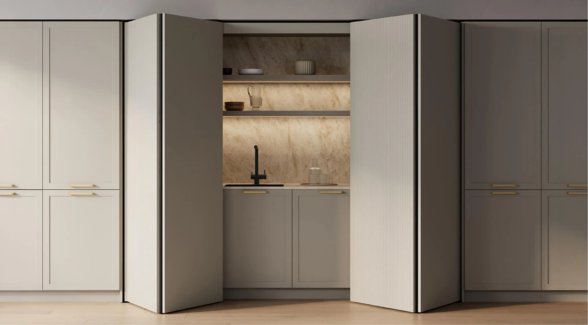 Portes escamotables Revego dévoilant un espace de travail intégré dans une cuisine Zecchinon