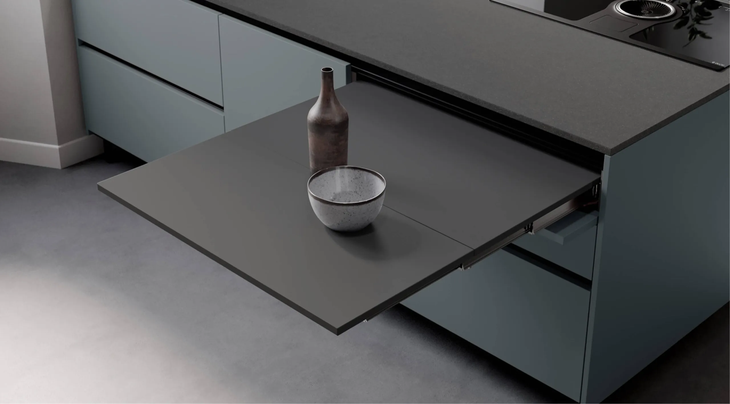 Table extractible intégrée dans un meuble bas de cuisine, Zecchinon
